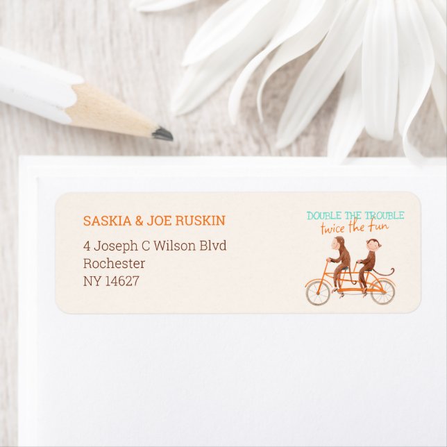 Twins Baby Shower Cute Monkey Double Trouble  Label (Insitu)