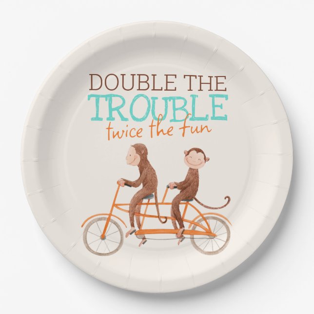 Twins Baby Shower Cute Monkey Double Trouble  Paper Plates (Front)