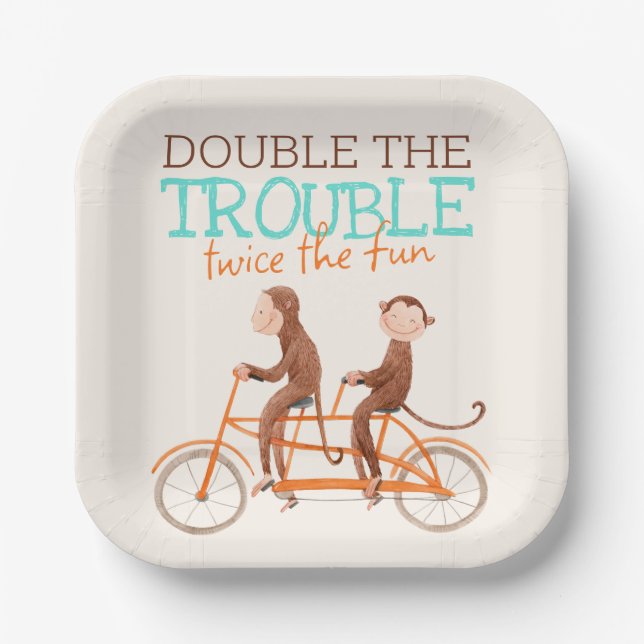 Twins Baby Shower Cute Monkey Double Trouble  Paper Plates (Front)