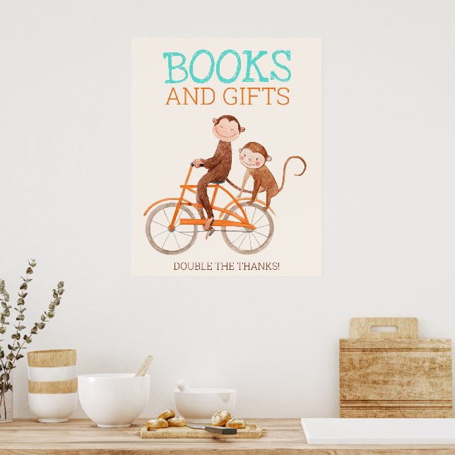 Twins Baby Shower Cute Monkey Double Trouble  Poster (Kitchen)