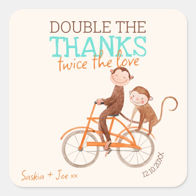 Twins Baby Shower Cute Monkey Double Trouble  Square Sticker (Front)