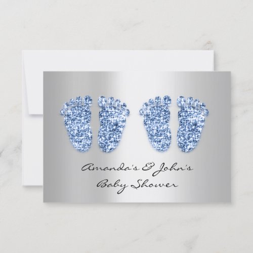 Twins Baby Shower Feet Glitter Blue Boys Gray Invitation