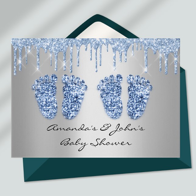 Twins Baby Shower Feet Glitter Drips Boys Invitation (Creator Uploaded)