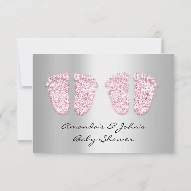 Twins Baby Shower Feet Glitter Gray Pink Girls Invitation (Back)