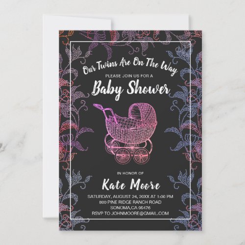 Twins Baby Shower Floral Vintage Baby Stroller Invitation