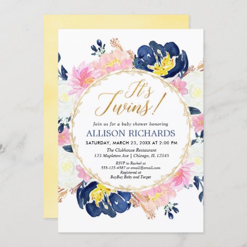 Twins baby shower girl and boy floral watercolors invitation