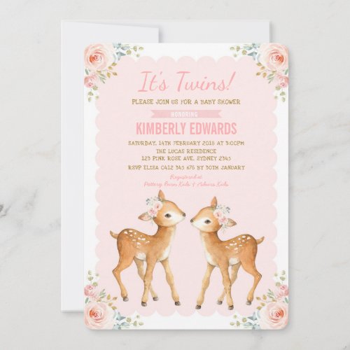 Twins Baby Shower Girl Deer Blush Pink Floral Invitation