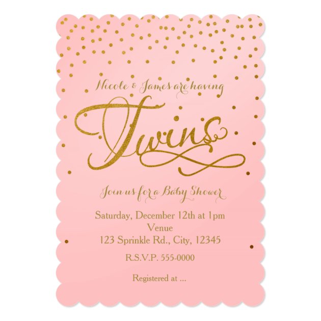 TWINS Baby Shower Girl Pink & Gold Dot Invitation