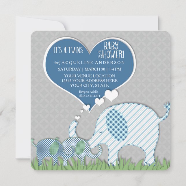 Twins Baby Shower Heart Elephants Grey Blue Green Invitation (Front)