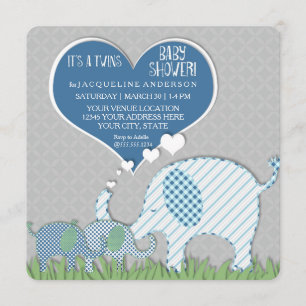 Twins Baby Shower Heart Elephants Grey Blue Green Invitation