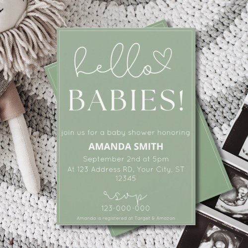 Twins Baby Shower Hello Babies Simple Typography Invitation
