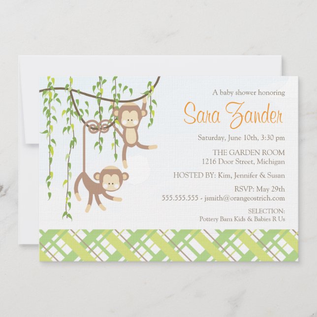 Twins Baby Shower Invitation - Monkeys (Front)