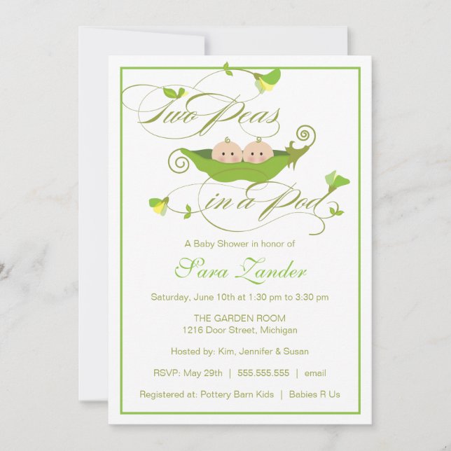 Twins Baby Shower Invitation - Two Peas in a Pod (Front)