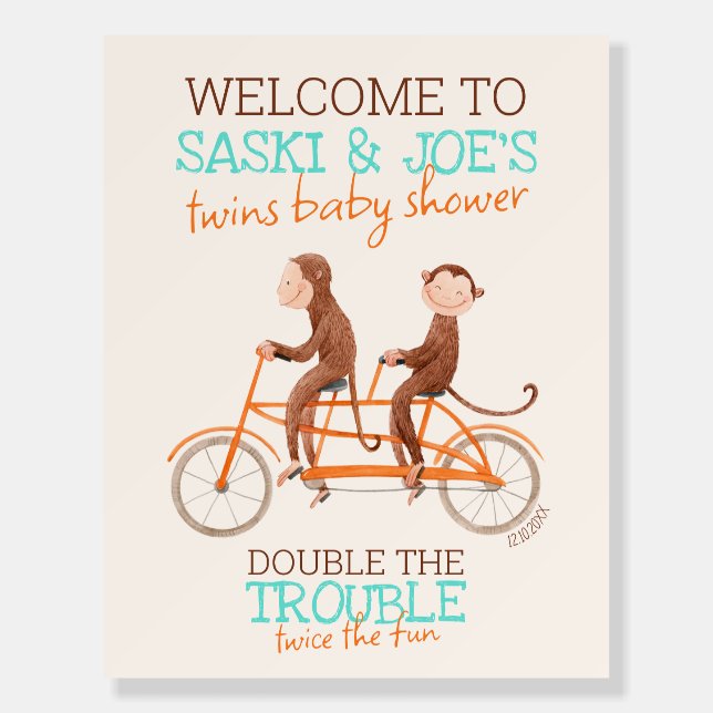 Twins Baby Shower Monkey Double Trouble Welcome Foam Board (Front)