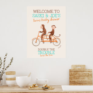Twins Baby Shower Monkey Double Trouble Welcome Poster