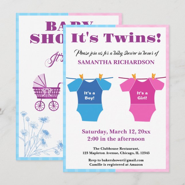 Twins Baby Shower Party Girl Boy.  Invitation (Front/Back)