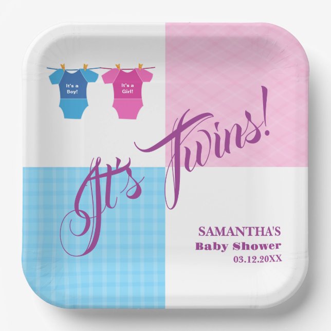 Twins Baby Shower Party Girl Boy.  Paper Plates (Front)