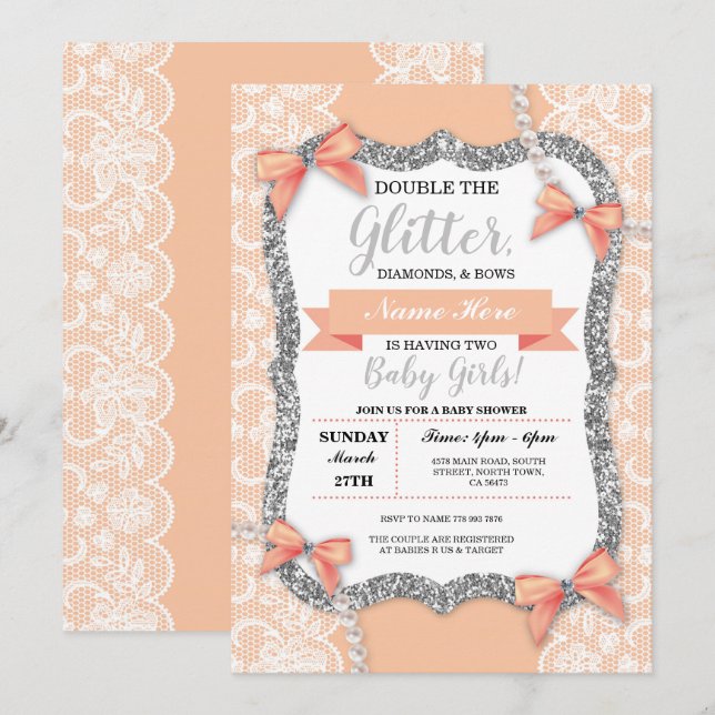 Twins Baby Shower Peach Lace Glitter Girl Bows Invitation (Front/Back)