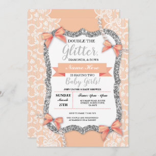 Twins Baby Shower Peach Lace Glitter Girl Bows Invitation
