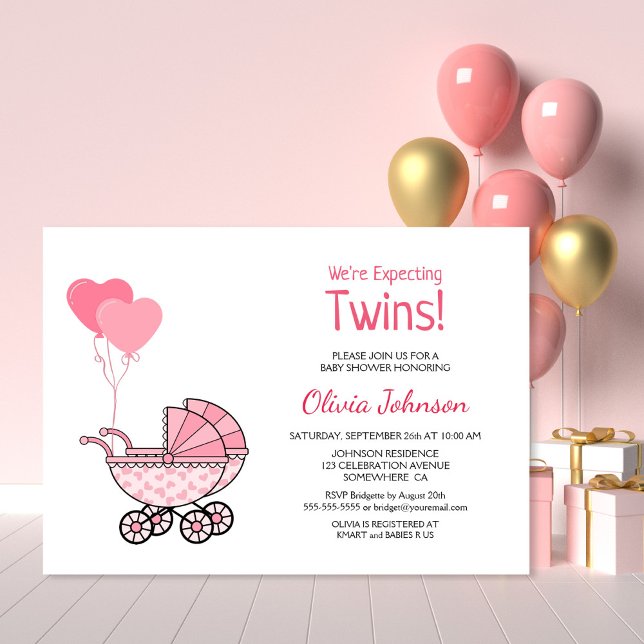 Twins Baby Shower Pink Balloons and Stroller Invitation (Creator Uploaded)