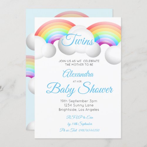 Twins Baby Shower Rainbow Clouds Blue Colorful Invitation