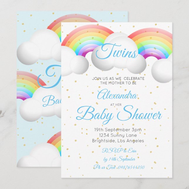 Twins Baby Shower Rainbow Clouds Blue Gold Spots Invitation (Front/Back)