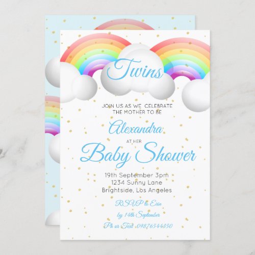 Twins Baby Shower Rainbow Clouds Blue Gold Spots Invitation