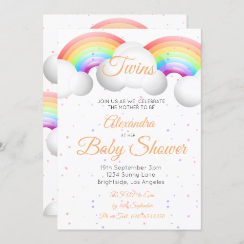 Twins Baby Shower Rainbow Clouds Colorful Spots Invitation