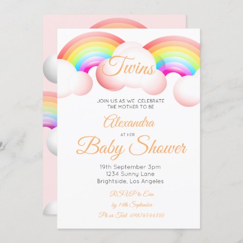 Twins Baby Shower Rainbow Clouds Pink Colorful Invitation