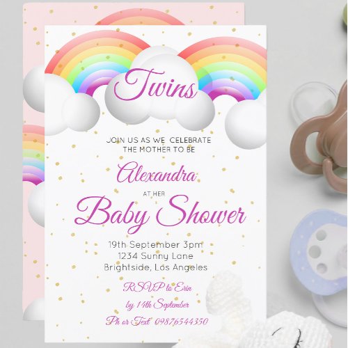 Twins Baby Shower Rainbow Clouds Pink Gold Spots Invitation