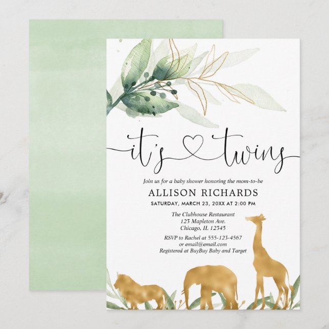 Twins baby shower safari animals greenery shower invitation (Front/Back)