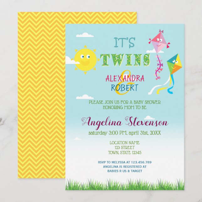 Twins Baby Shower Spring Summer Cute Sun Kites Fun Invitation (Front/Back)