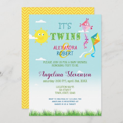 Twins Baby Shower Spring Summer Cute Sun Kites Fun Invitation