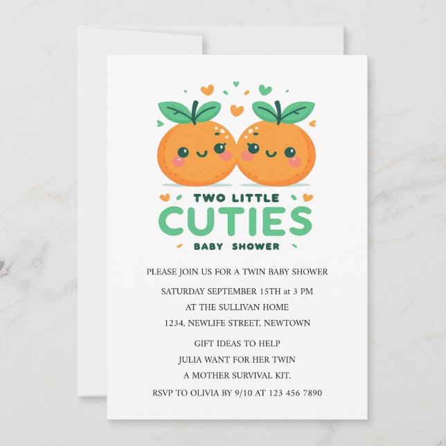 Twins Baby Shower Two Little Cuties are on The Way Invitation (Front)