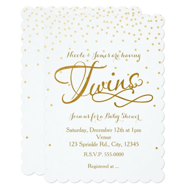 TWINS Baby Shower Unisex White & Gold Invitation