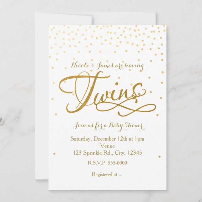 TWINS Baby Shower Unisex White & Gold Invitation (Front)