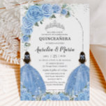 Twins Bahama Blue Floral Dress Silver Quinceañera  Invitation<br><div class="desc">This chic Quinceañera / Sweet 16 birthday invitation features a silver glitter geometric frame adorned by delicate watercolor bahama sky blue floral, soft greenery and two girls in lovely bahama blue dresses. Personalize it easily and quickly. Simply click the Edit Using Design Tools button to further edit the text, wording,...</div>