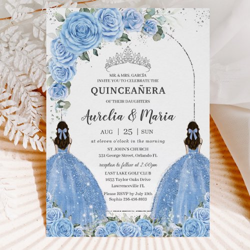 Twins Bahama Blue Floral Dress Silver Quinceaera  Invitation