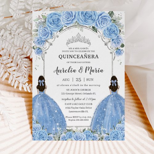 Twins Bahama Sky Blue Floral Silver Quinceaera  Invitation