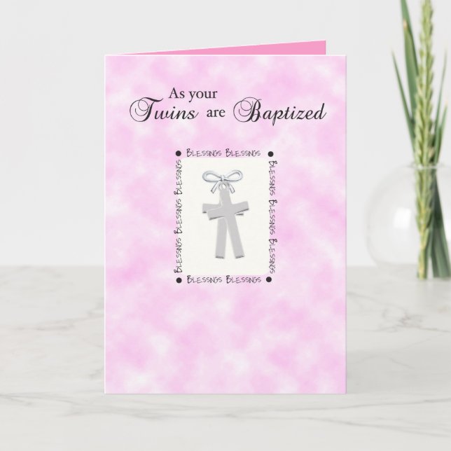 Twins Baptism Card on Medium Pink with 2 Crosses (Front)