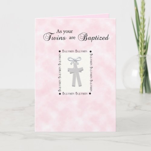 Twins Baptism Card on Pink with 2 Crosses