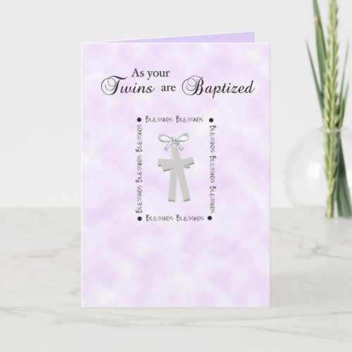 Twins Baptism Card on Purple with 2 Crosses