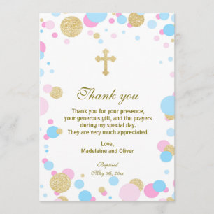 Twins Baptism Communion Thank You Card Pink Blue