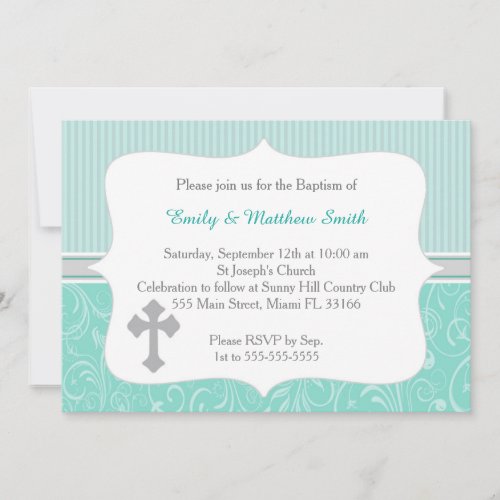 Twins Baptism Invitation Cross Turquoise