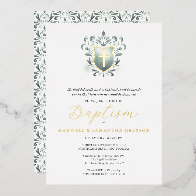 Twins Baptism Invitations Sage Green Crest (Front/Back)