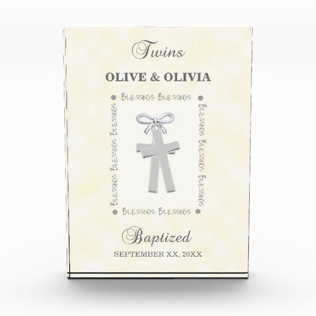 Twins Baptism on Yellow 2 Crosses Personalized Acrylic Award (Front)
