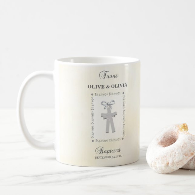 Twins Baptism on Yellow 2 Crosses Personalized Coffee Mug (With Donut)