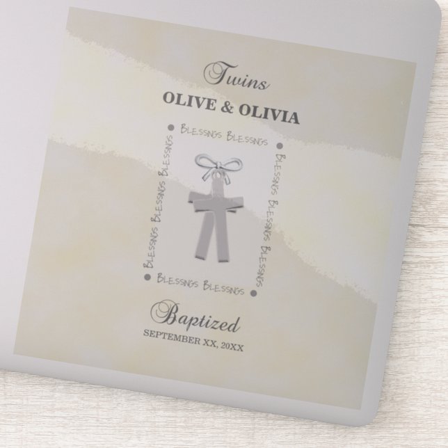 Twins Baptism on Yellow 2 Crosses Personalized Sticker (Detail)