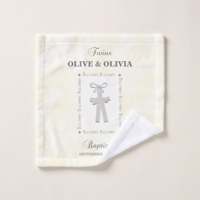 Twins Baptism on Yellow 2 Crosses Personalized Wash Cloth (Wash Cloth)