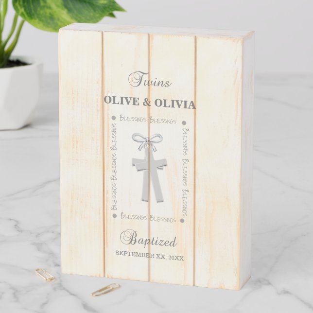 Twins Baptism on Yellow 2 Crosses Personalized Wooden Box Sign (In Situ Vertical)
